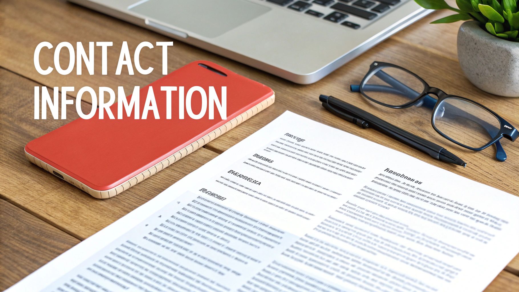 Contact information section on resume document with laptop, notebook, glasses and pen on wooden desk