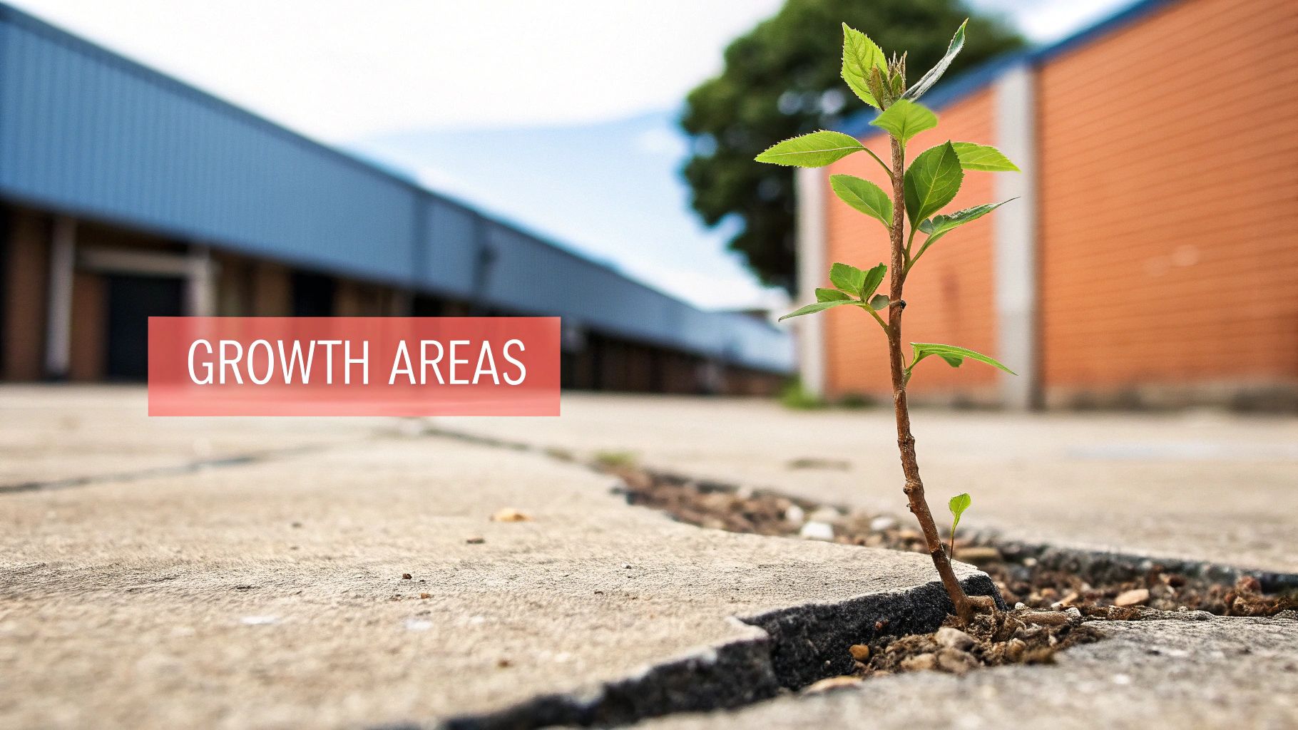 A resilient green plant sprouts through a crack in concrete, with blurred buildings in the background.
