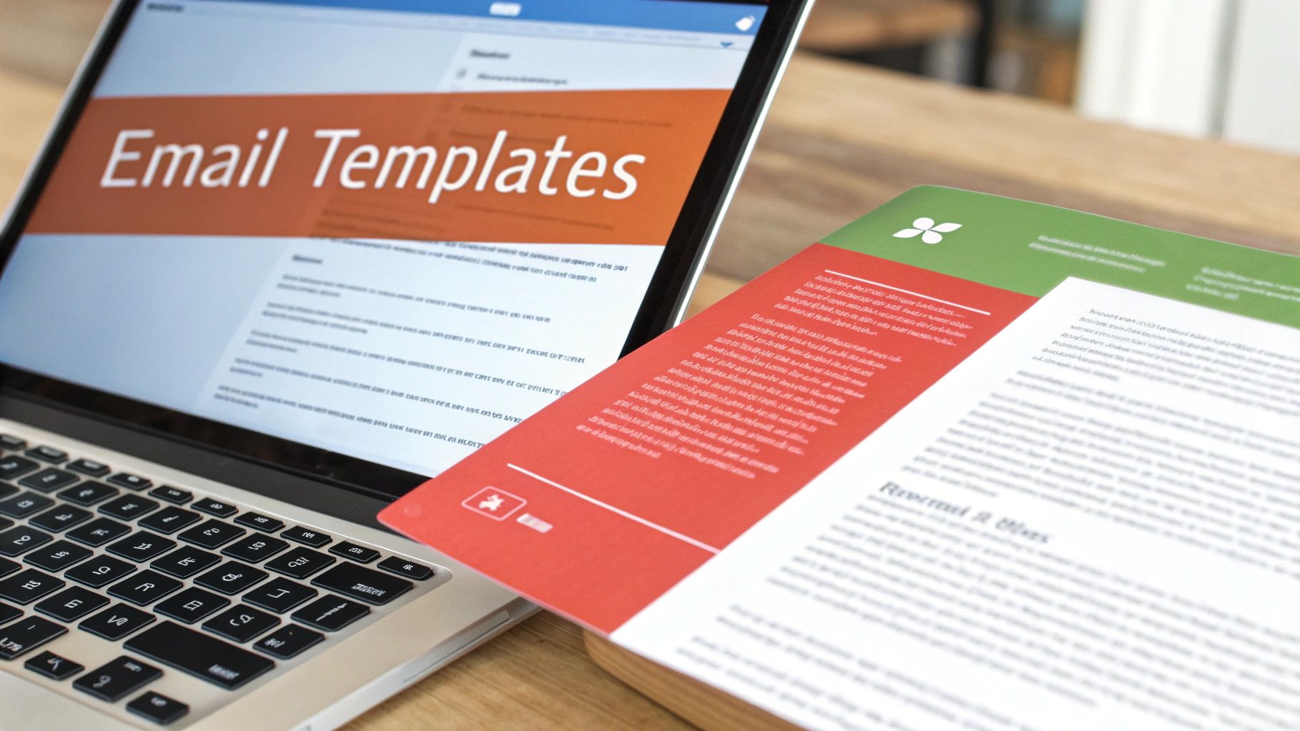 A close-up of a laptop screen showing 'Email Templates' next to a colorful brochure with text.