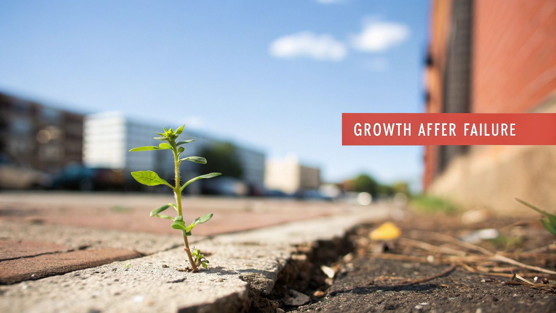 A resilient green plant sprouts from a cracked sidewalk, with a "GROWTH AFTER FAILURE" banner, under a blue sky.
