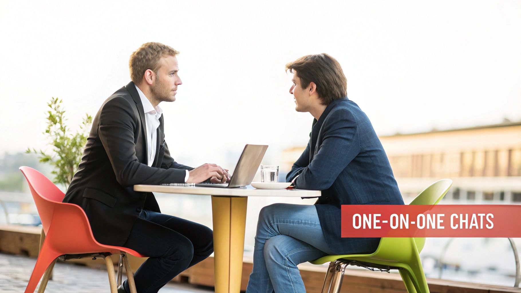 Two men in business attire having a one-on-one chat at an outdoor cafe table, one using a laptop.