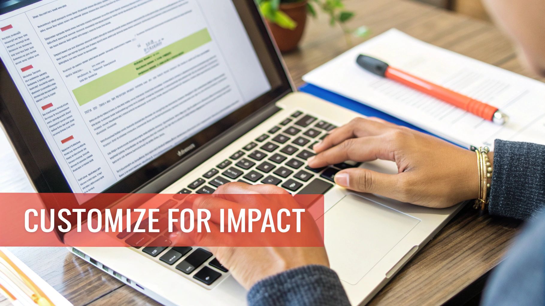 A professional customizing their resume on a laptop, with a checklist and metrics visible.