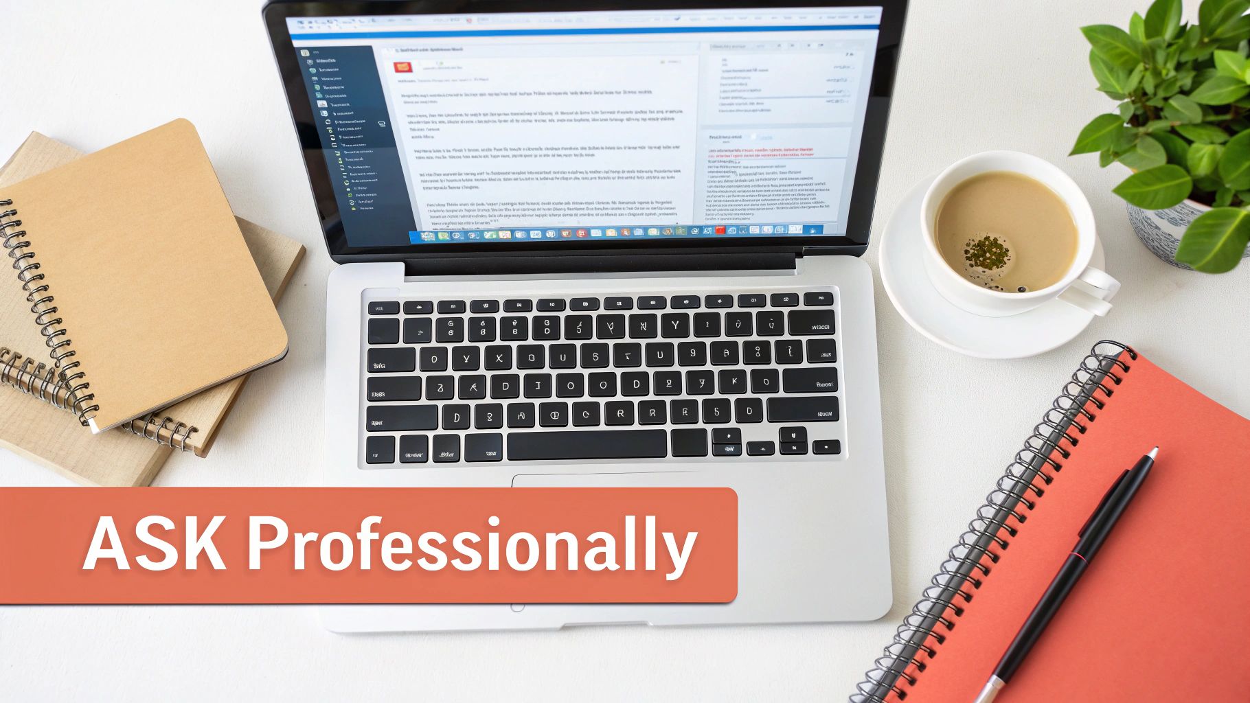 Flat lay of a professional workspace with a laptop, notebooks, coffee, and an 'ASK Professionally' banner.