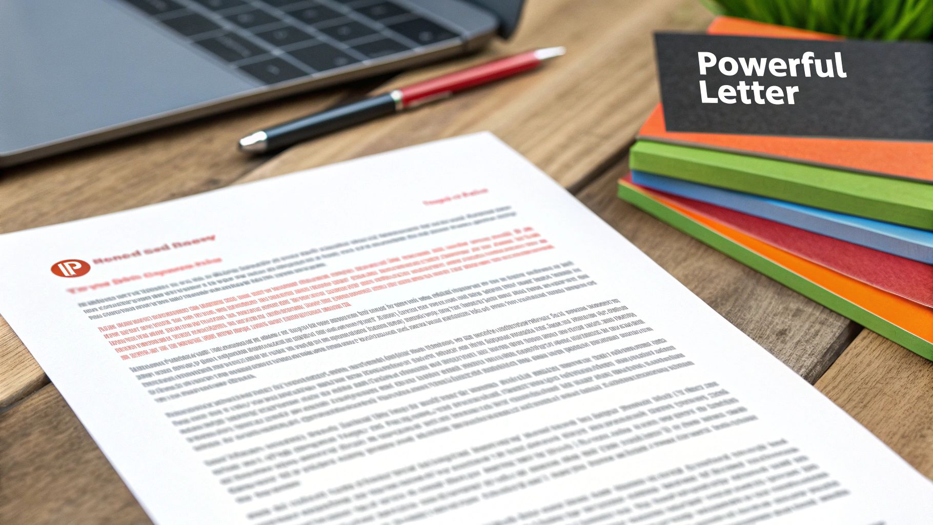 A close-up of a letter with red text on a wooden desk, accompanied by a laptop, pen, and colorful books.