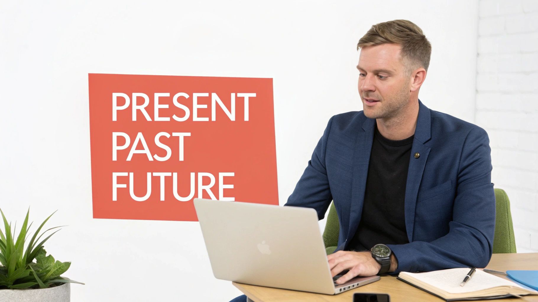 A man using a laptop at a desk with a "PRESENT PAST FUTURE" sign in the background.