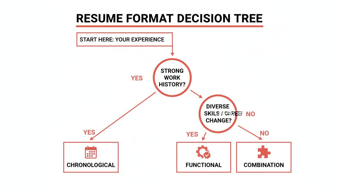 A flowchart decision tree guiding users on choosing the best resume format based on their experience.