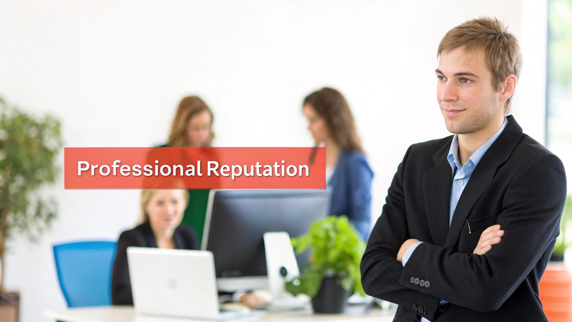 A confident young man in a suit stands in an office with the text "Professional Reputation".