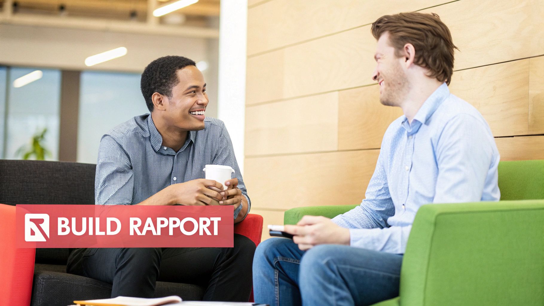 Two diverse men smiling and building rapport while sitting in a modern office lounge.
