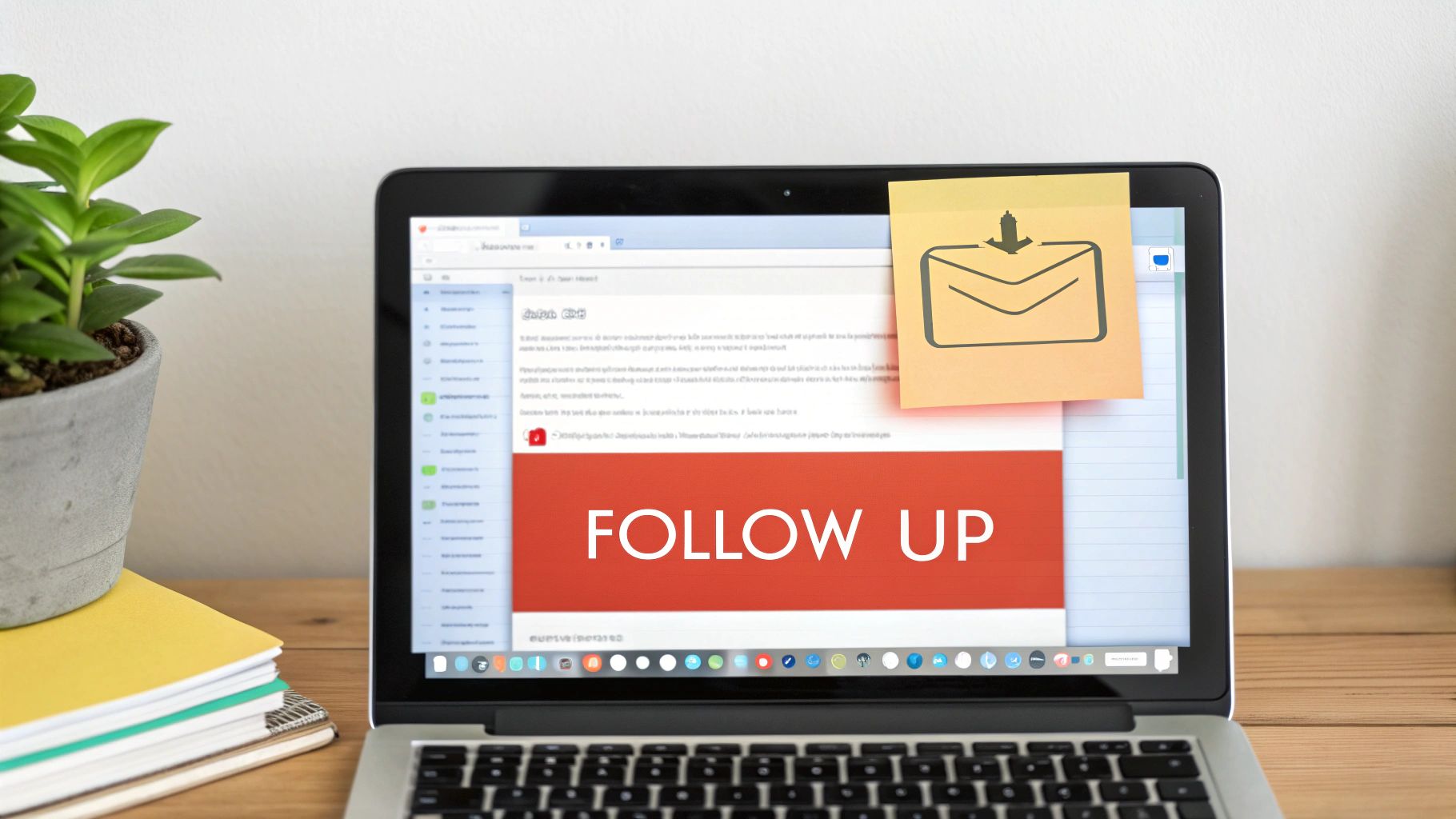 A laptop displays an email with a prominent red 'FOLLOW UP' banner, and a sticky note with an email icon.