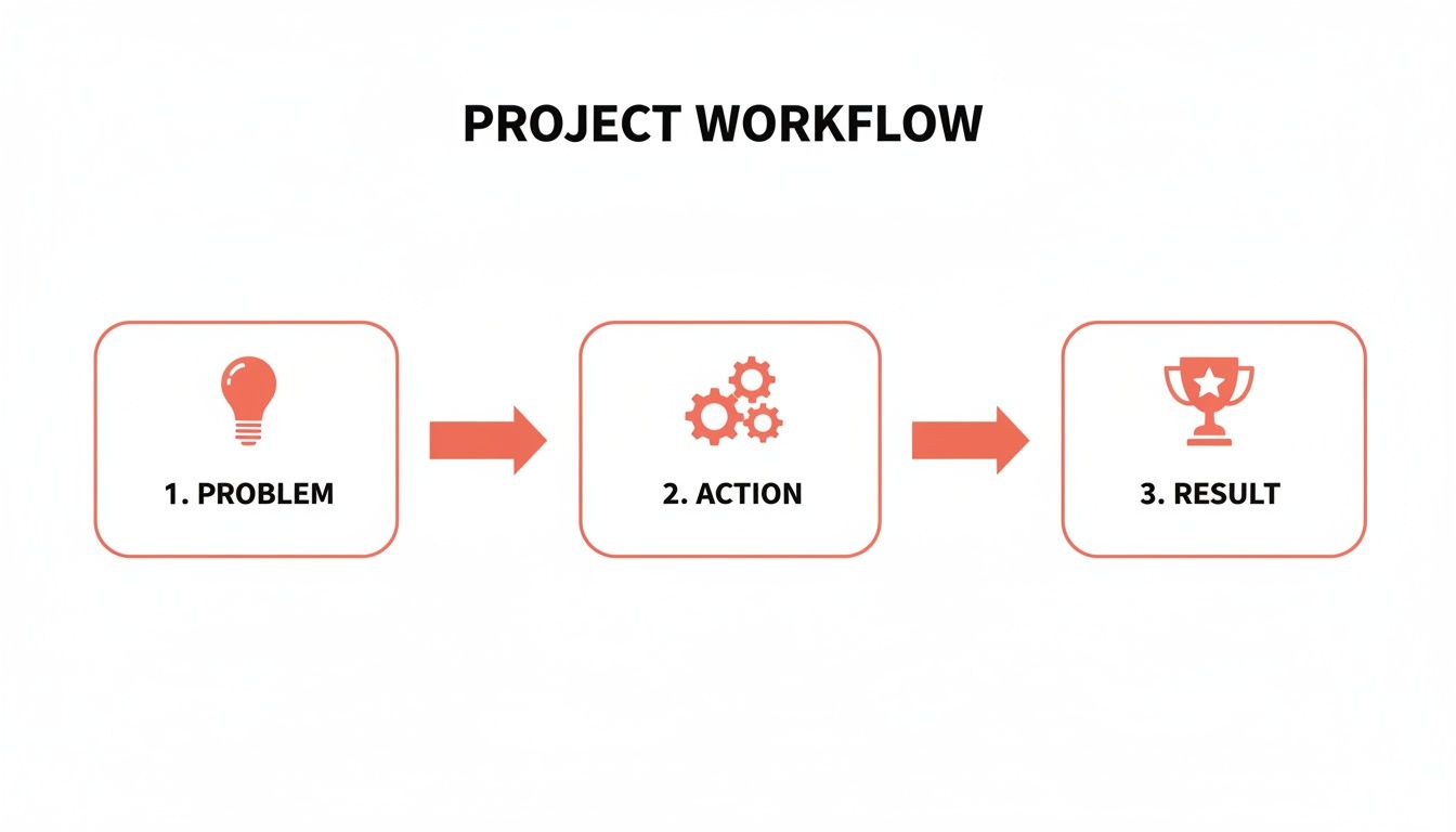 A project workflow diagram showing three steps: 1. Problem (lightbulb), 2. Action (gears), and 3. Result (trophy).