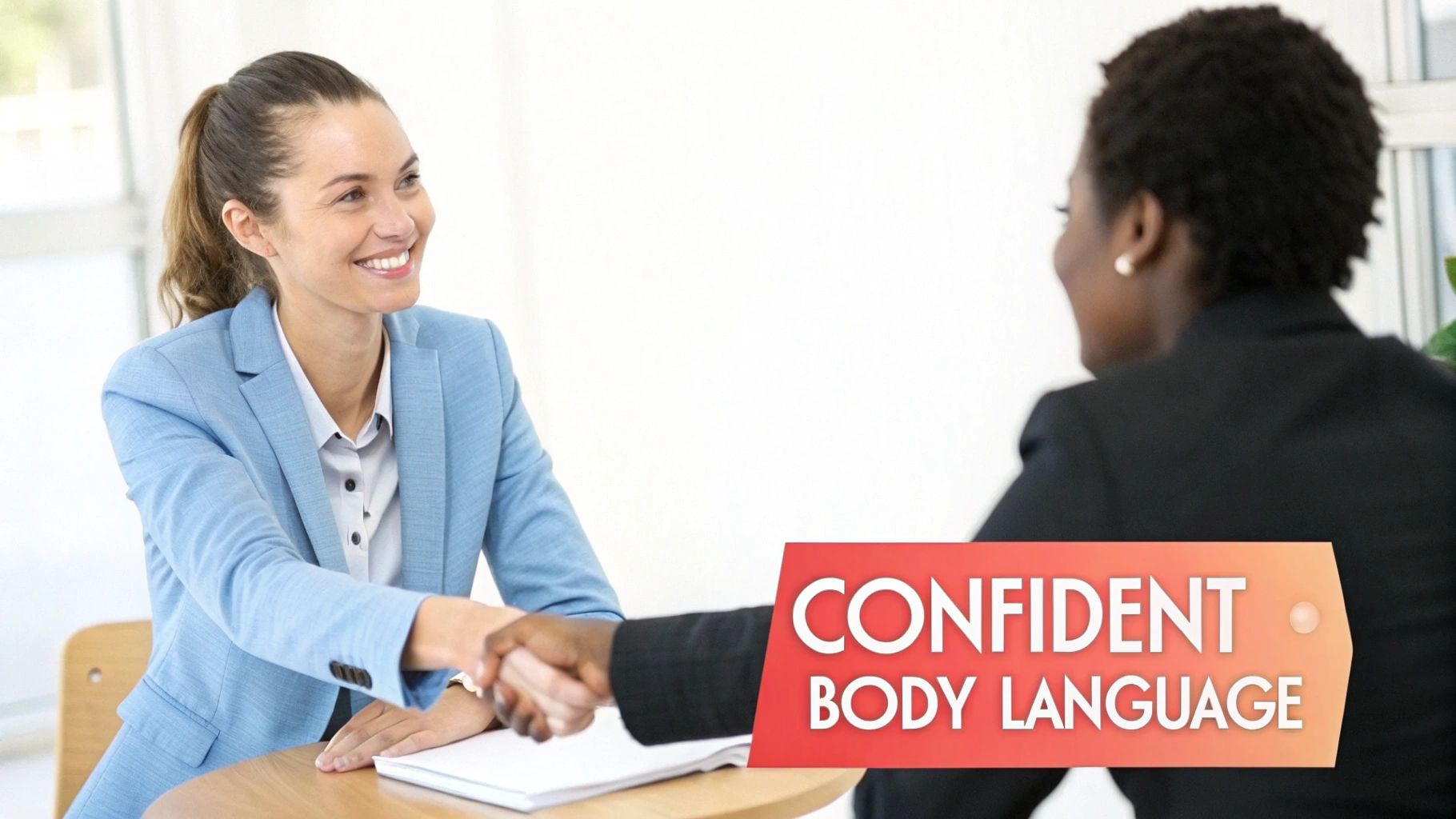 Two professional women smiling and shaking hands confidently during a business meeting or interview.