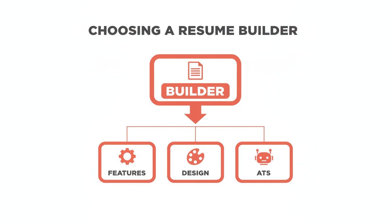 Diagram illustrating how to choose a resume builder, considering its features, design, and ATS compatibility.
