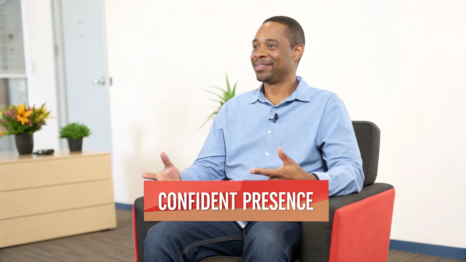 A smiling man in a blue shirt with a lapel microphone sits, gesturing, with 'CONFIDENT PRESENCE' text.