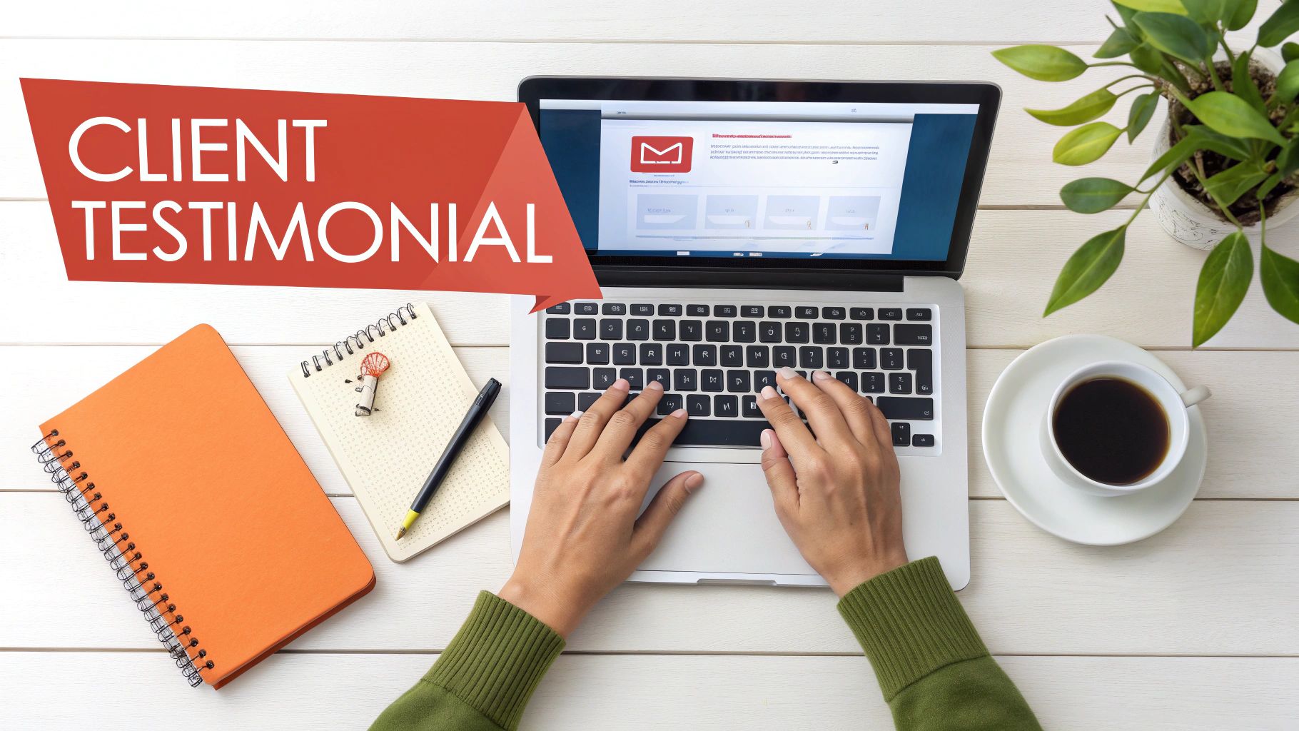 Overhead shot of hands typing on a laptop with a 'CLIENT TESTIMONIAL' banner, coffee, and notebooks.