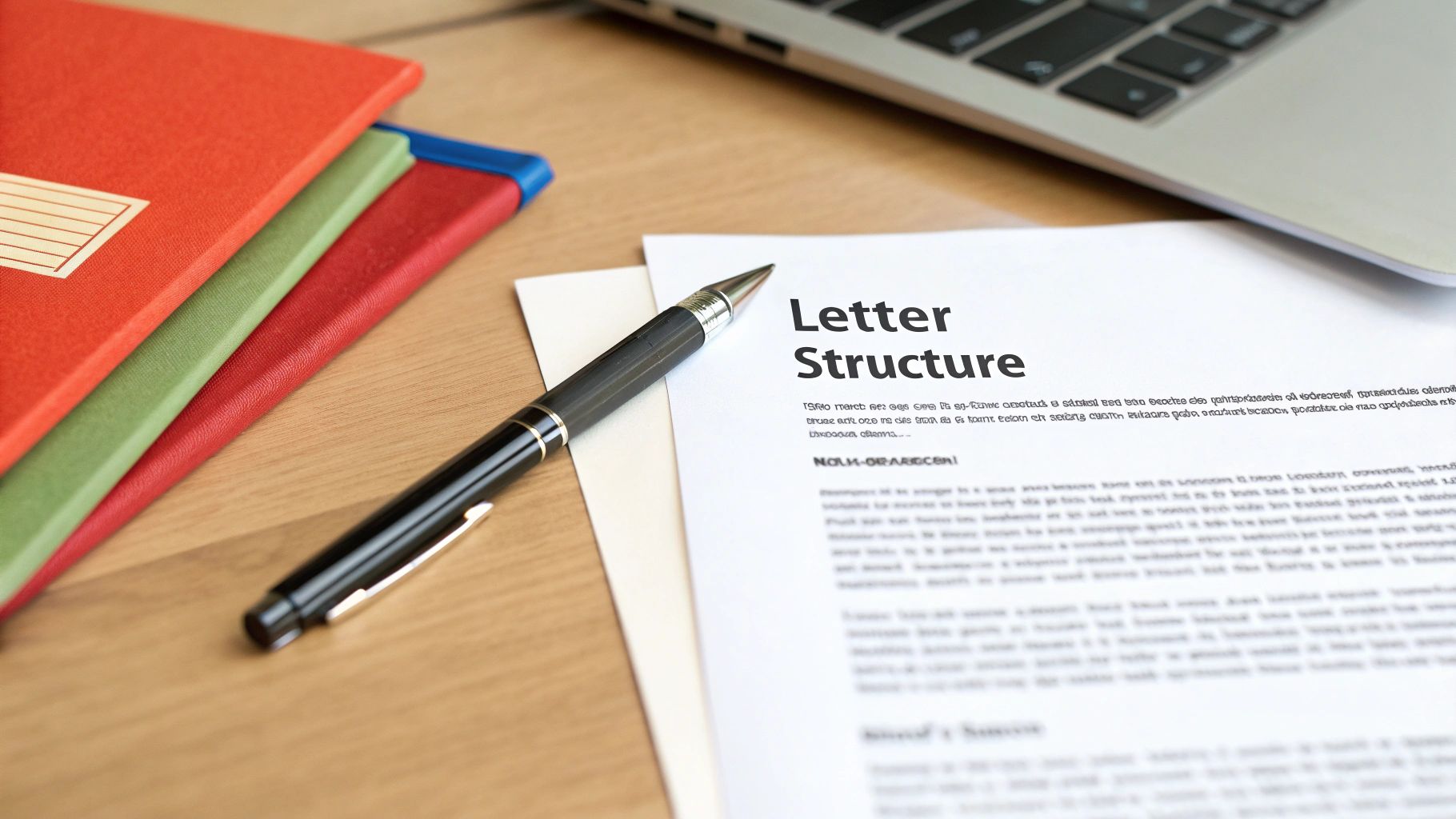 A pen on a document titled 'Letter Structure', with colorful folders and a laptop on a wooden desk.