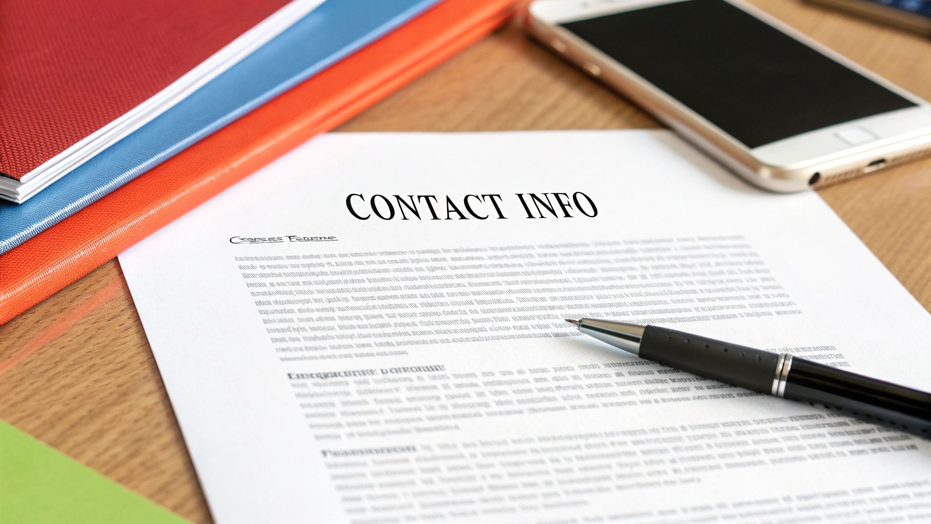 A document titled 'CONTACT INFO' with a pen, colorful binders, and a smartphone on a wooden desk.