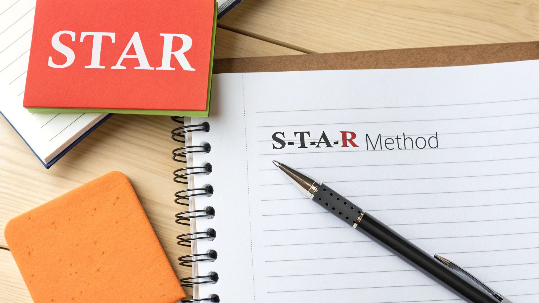 A flat lay image showing a red notebook with 'STAR' and an open notebook with 'S-T-A-R Method' text next to a pen.