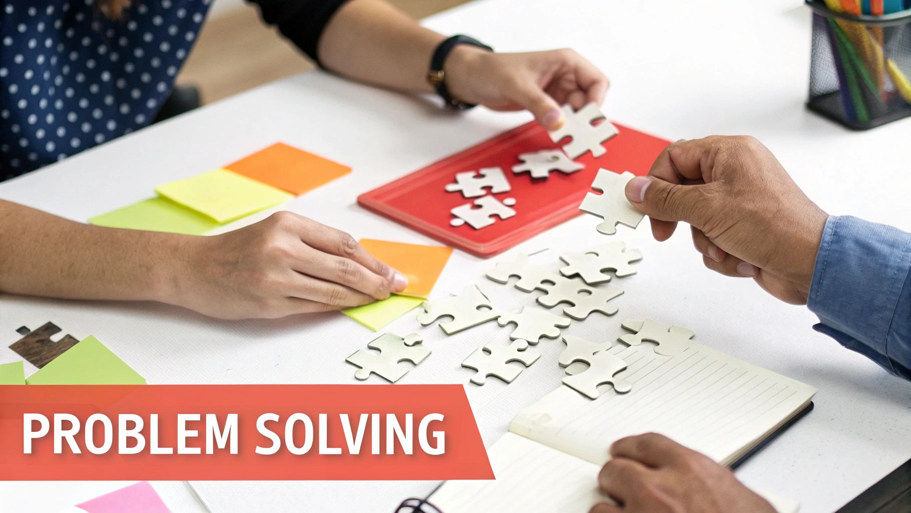 Two people collaboratively solving a jigsaw puzzle on a table with sticky notes, representing problem-solving.
