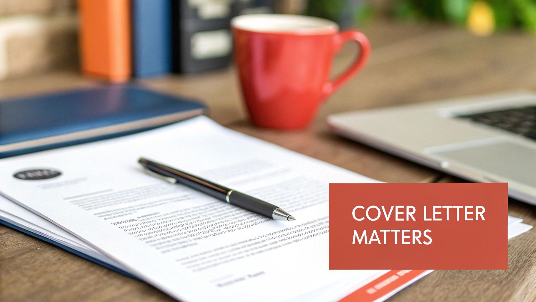 A pen rests on a cover letter on a wooden desk, with a red coffee mug and a laptop.