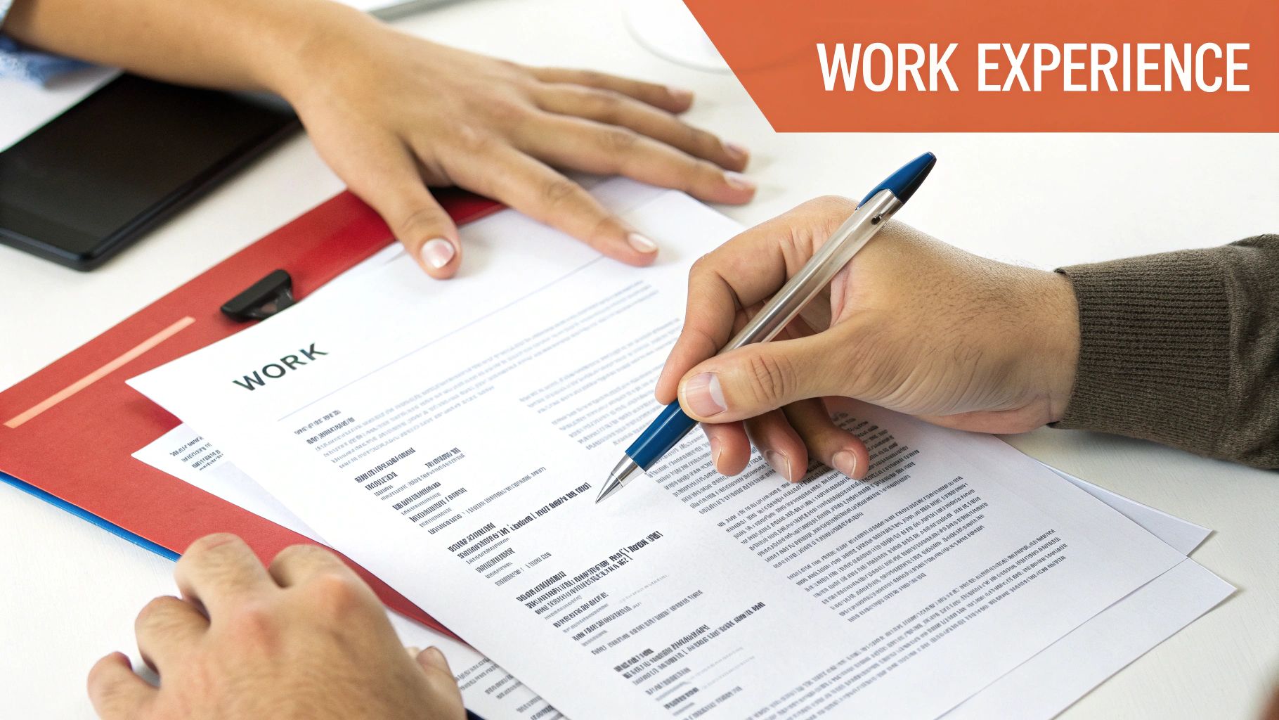 Two professionals reviewing work experience resume document during job interview consultation meeting