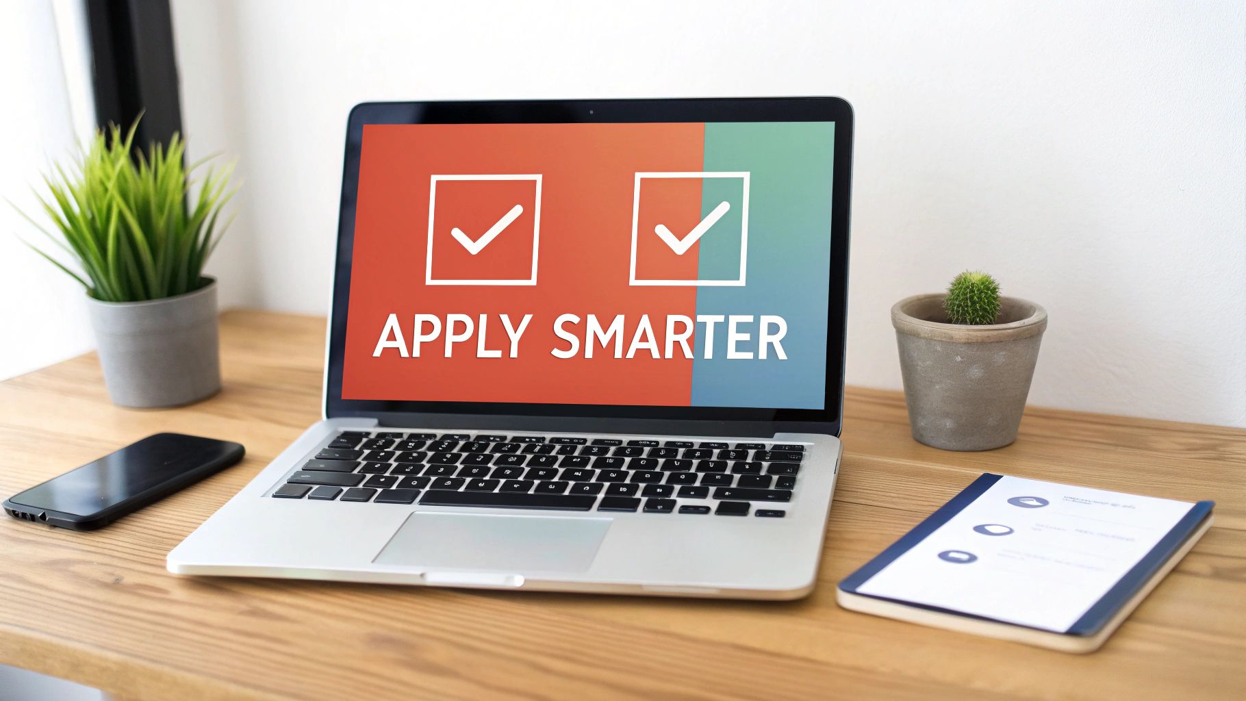 A laptop screen displays 'APPLY SMARTER' with checkmarks, on a desk with a phone and notebook.