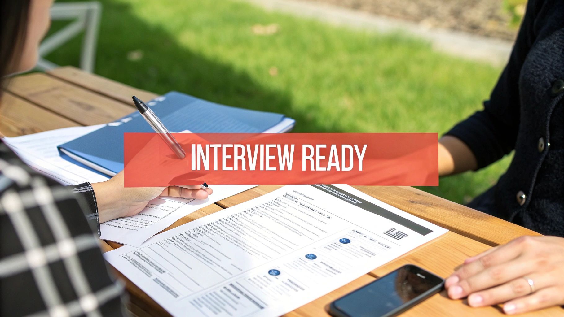 Two individuals at a wooden table outdoors, reviewing a resume and documents, preparing for an interview.