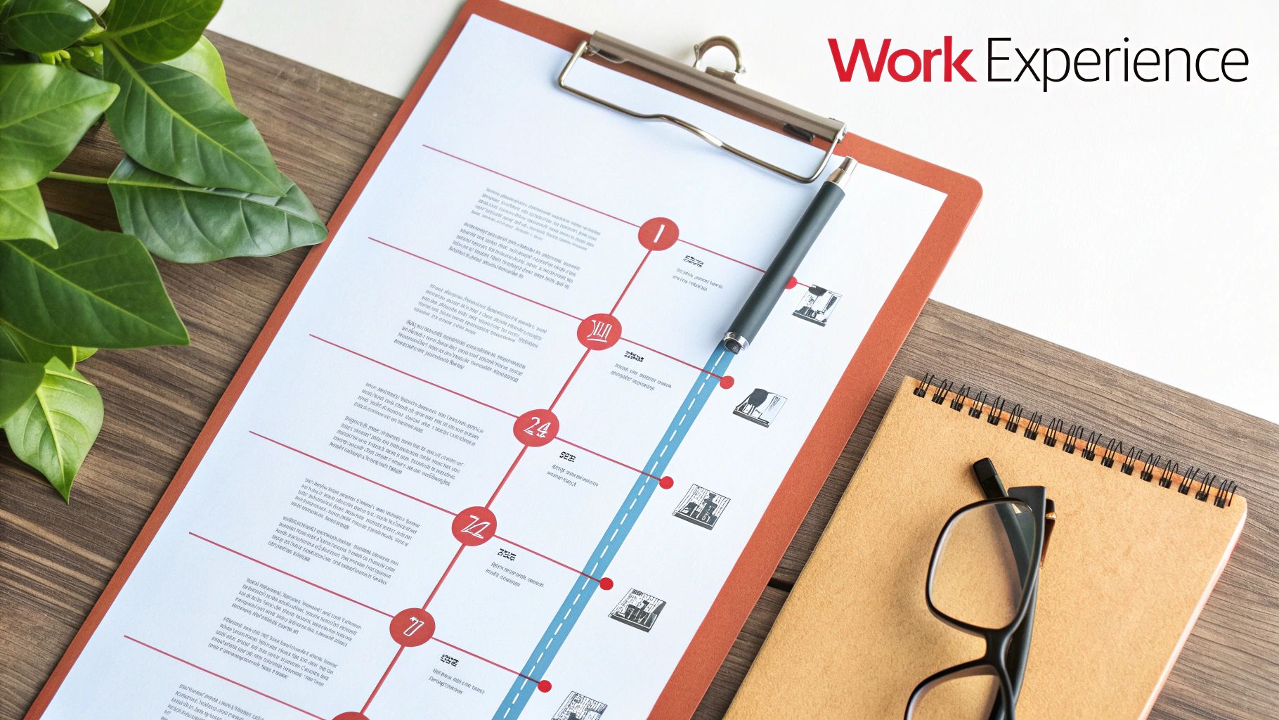 A resume timeline for work experience on a clipboard, with a pen, notebook, and glasses on a wooden desk.