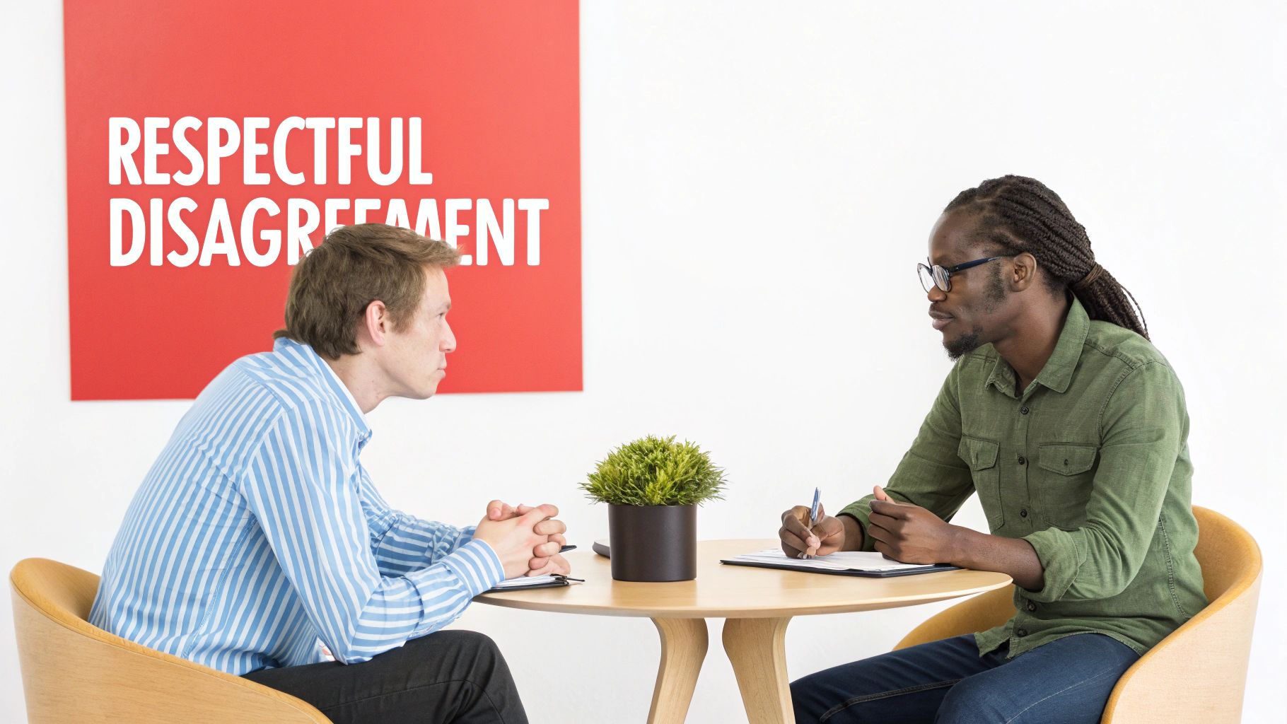 Two diverse men engage in a professional discussion under a 'RESPECTFUL DISAGREEMENT' sign.