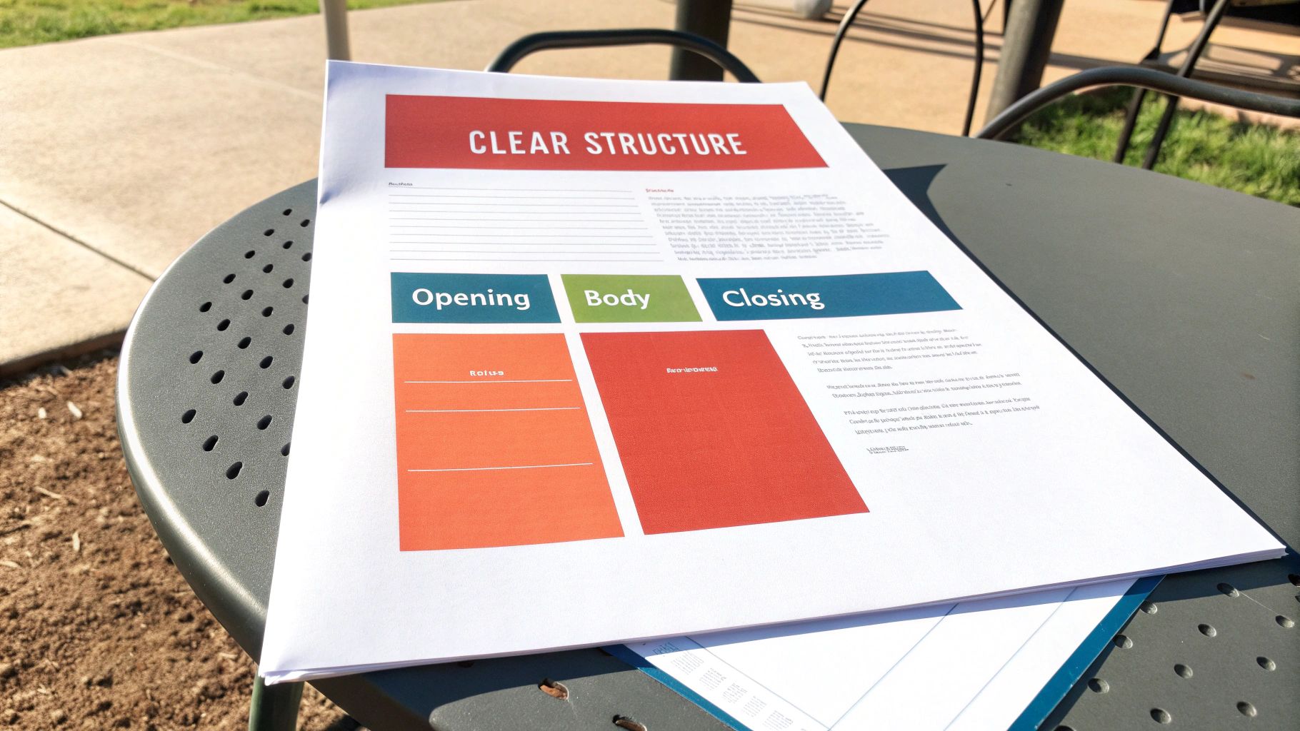 A document titled "CLEAR STRUCTURE" with sections "Opening," "Body," and "Closing," resting on an outdoor table.