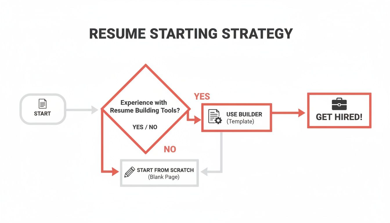 Resume starting strategy flowchart guides users to use a builder or start from scratch for job success.