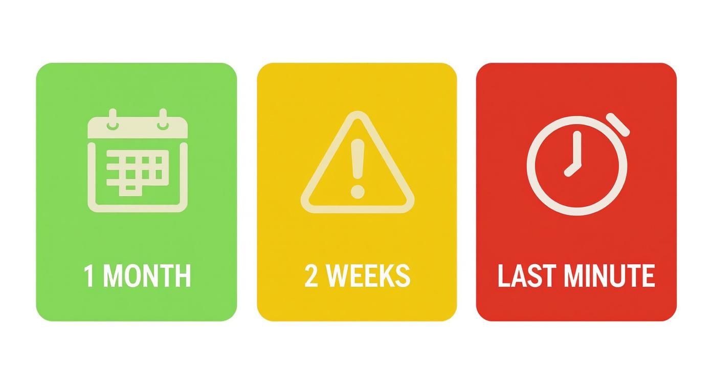 Colored icons showing urgency: green for 1 month, yellow for 2 weeks, red for last minute.