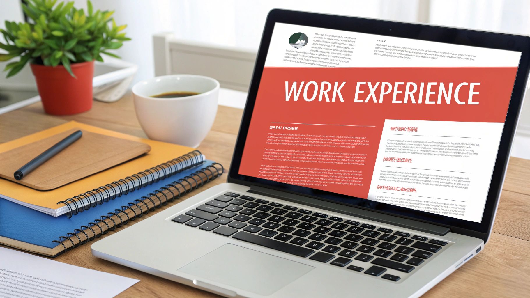 A laptop on a wooden desk displays a resume with 'WORK EXPERIENCE', alongside notebooks, pen, and coffee.