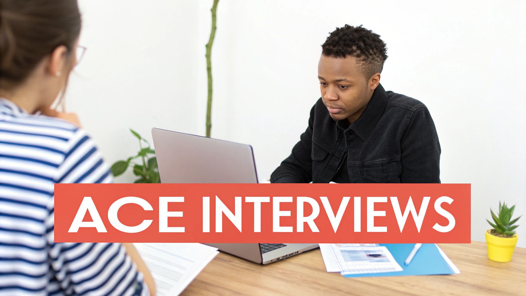Two individuals in an interview setting, with a laptop and documents, featuring 'ACE INTERVIEWS' text overlay.