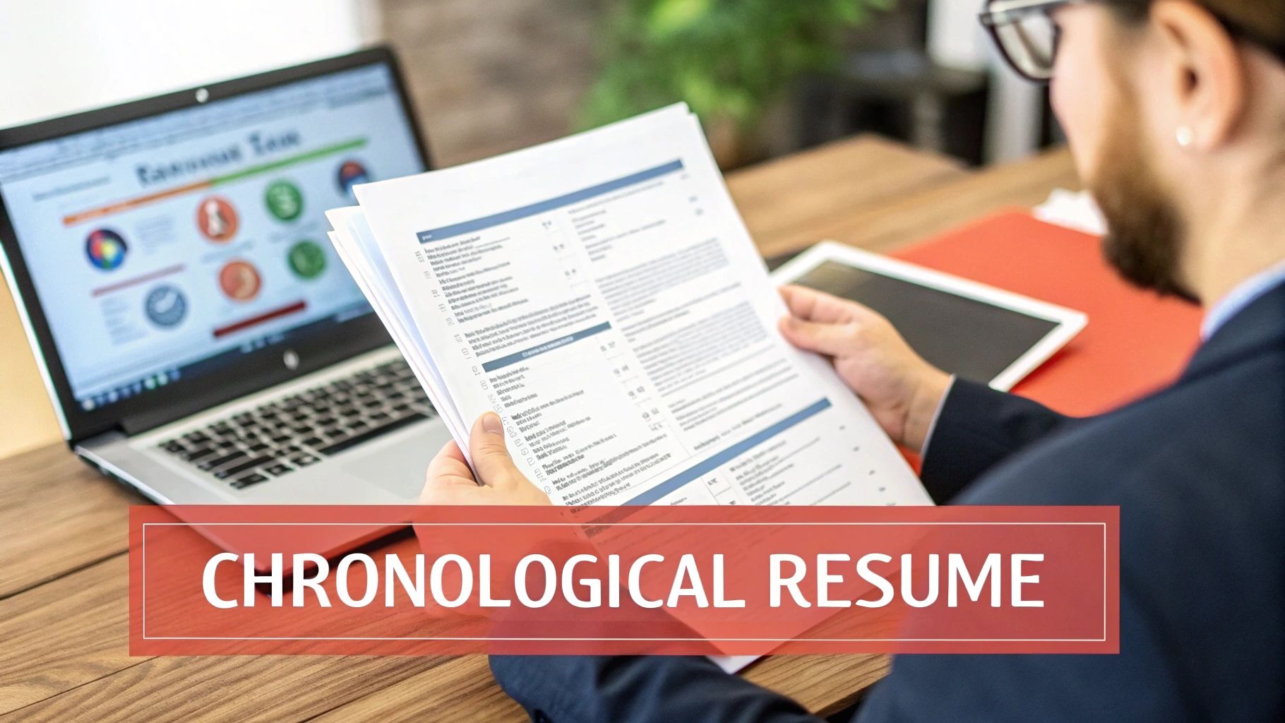 A person holds a chronological resume document while a laptop displays a resume template.