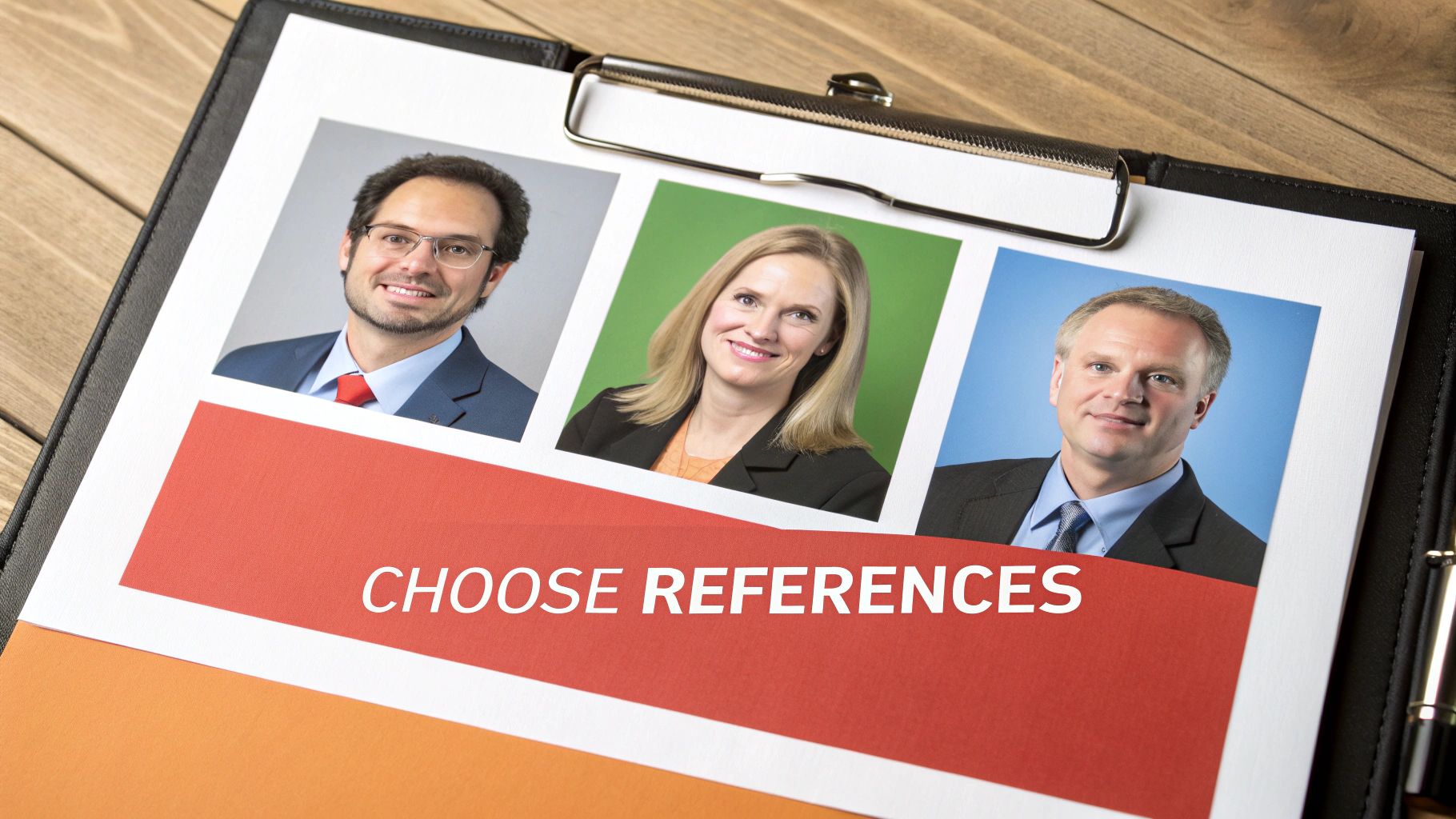 A document titled 'Choose References' displays three professional headshots for potential references.