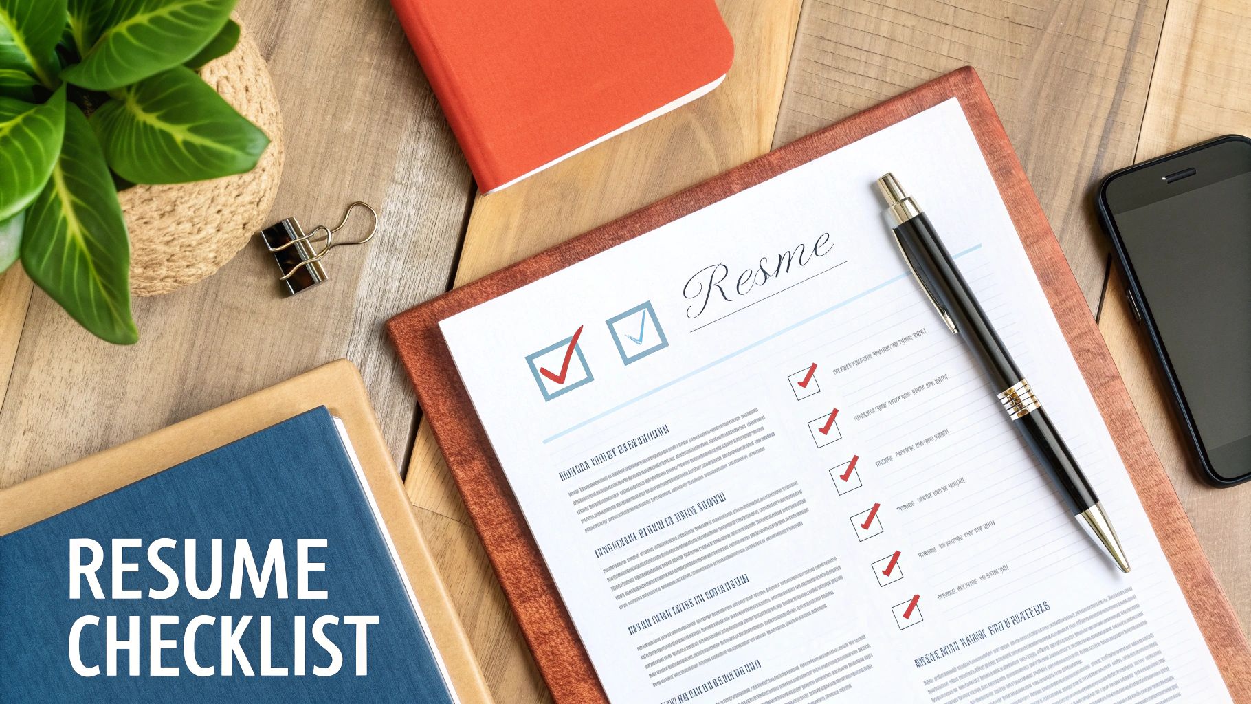 Flat lay of a desk with a 'Resume Checklist' document, pen, notebook, and plant, for job preparation.