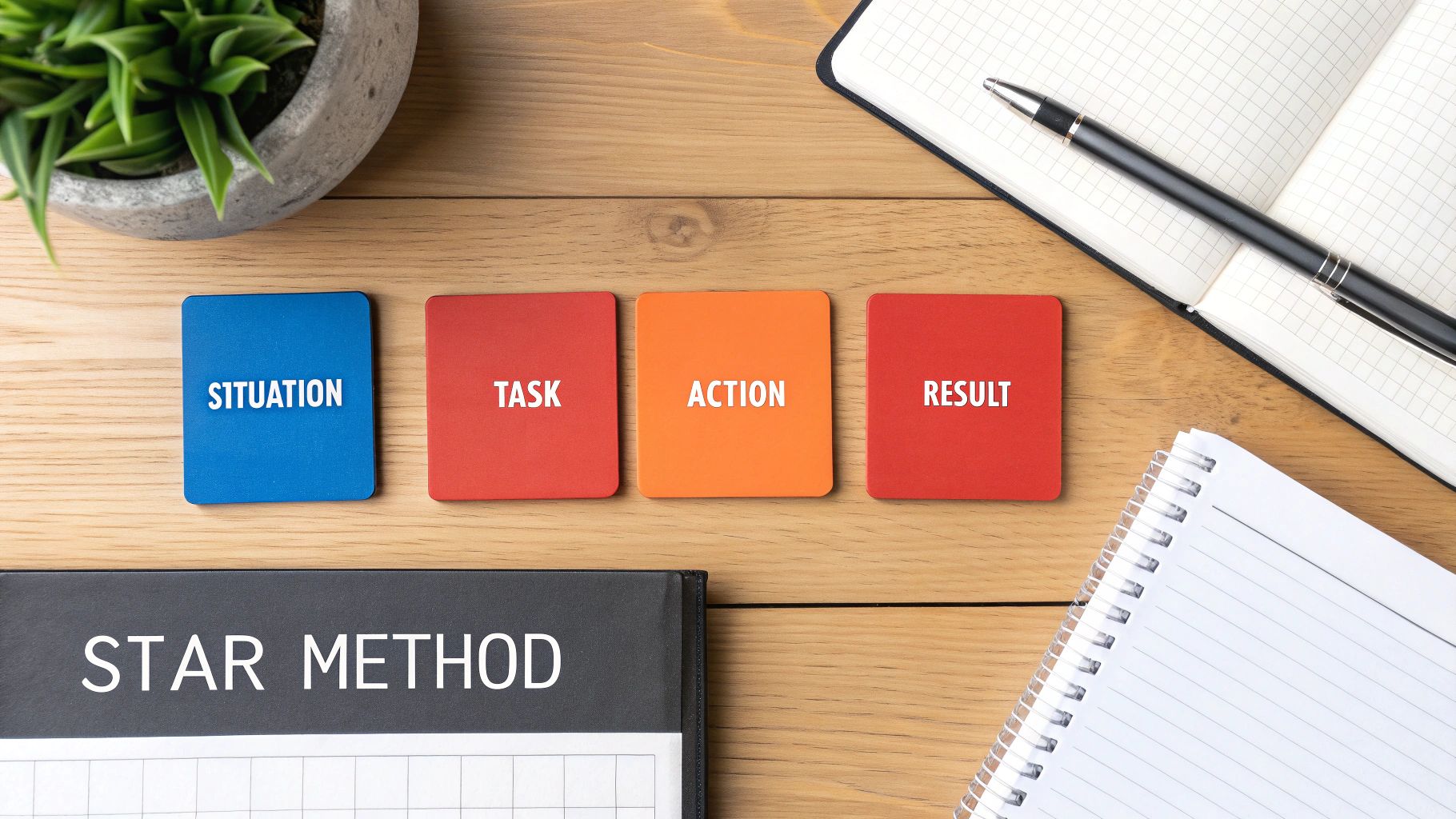 STAR method cards (Situation, Task, Action, Result) on a wooden desk with notebooks and a plant.