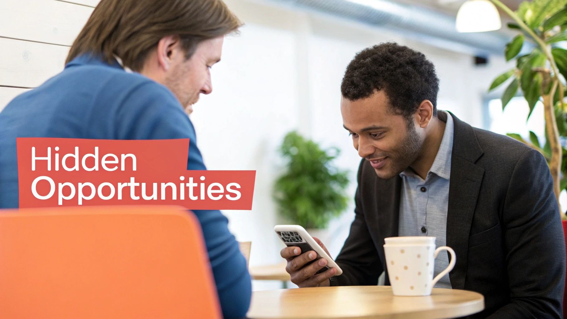 Two men in a casual business setting, one looking at his phone and smiling during a meeting.