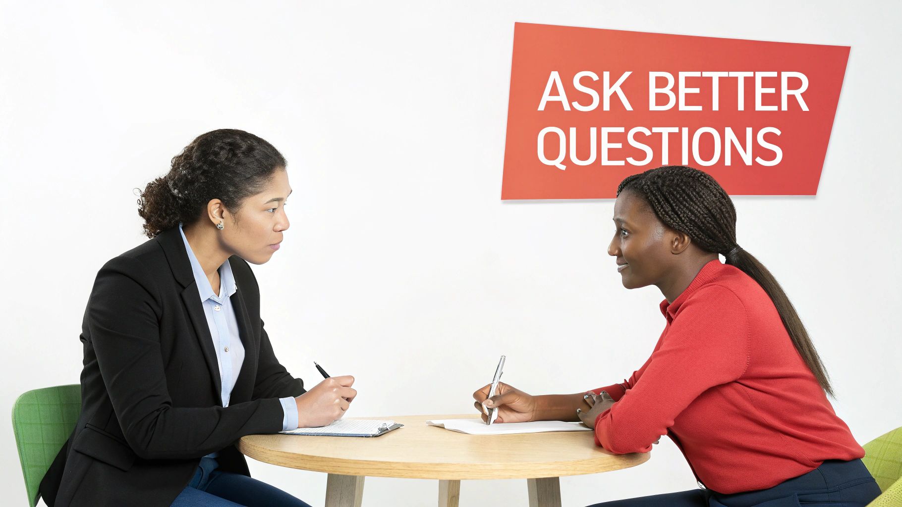Two women collaborate at a table, writing, with an 'Ask Better Questions' sign behind them.