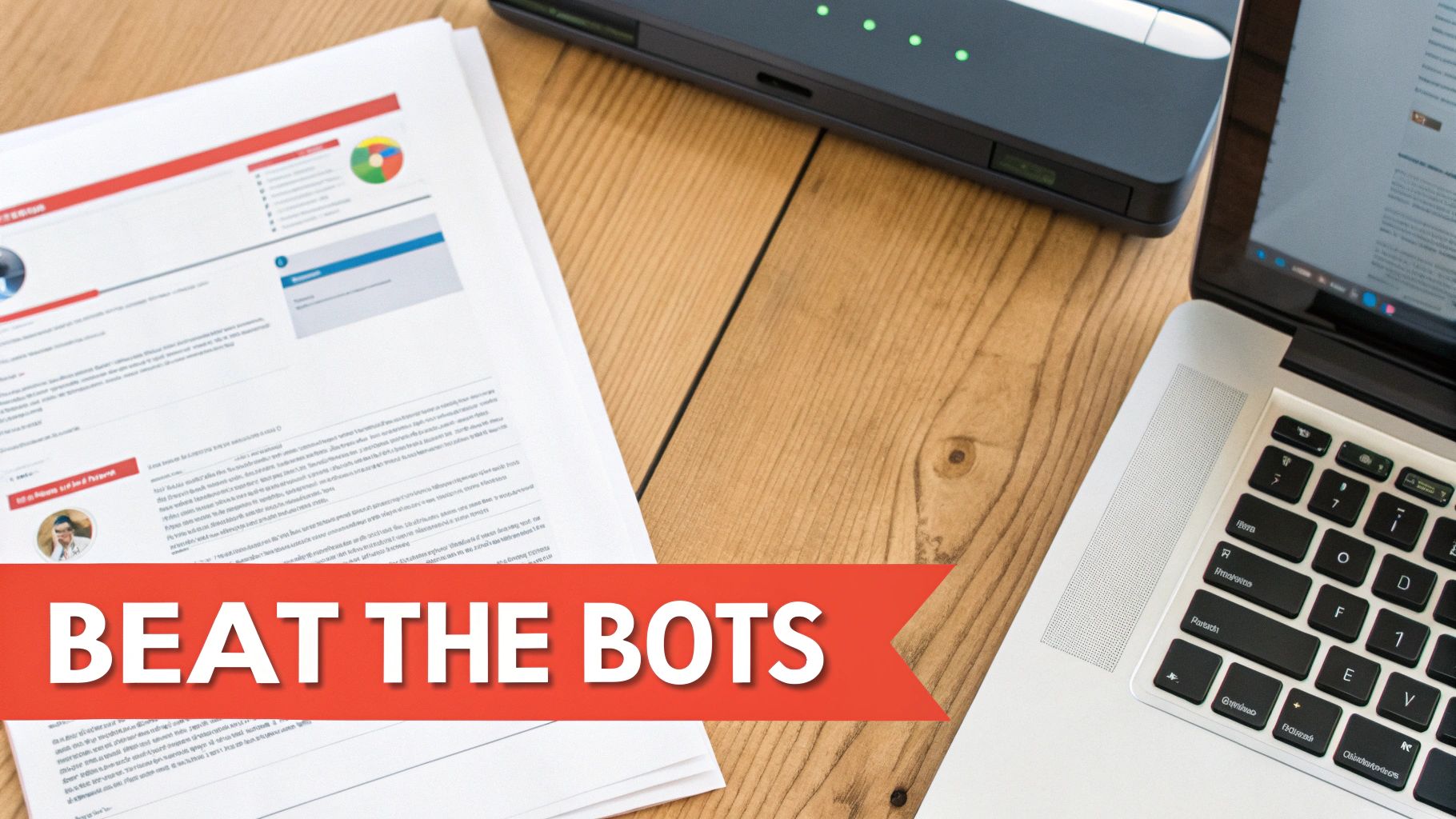 Overhead view of a desk with a printed resume, laptop, and router, featuring a 'BEAT THE BOTS' banner.