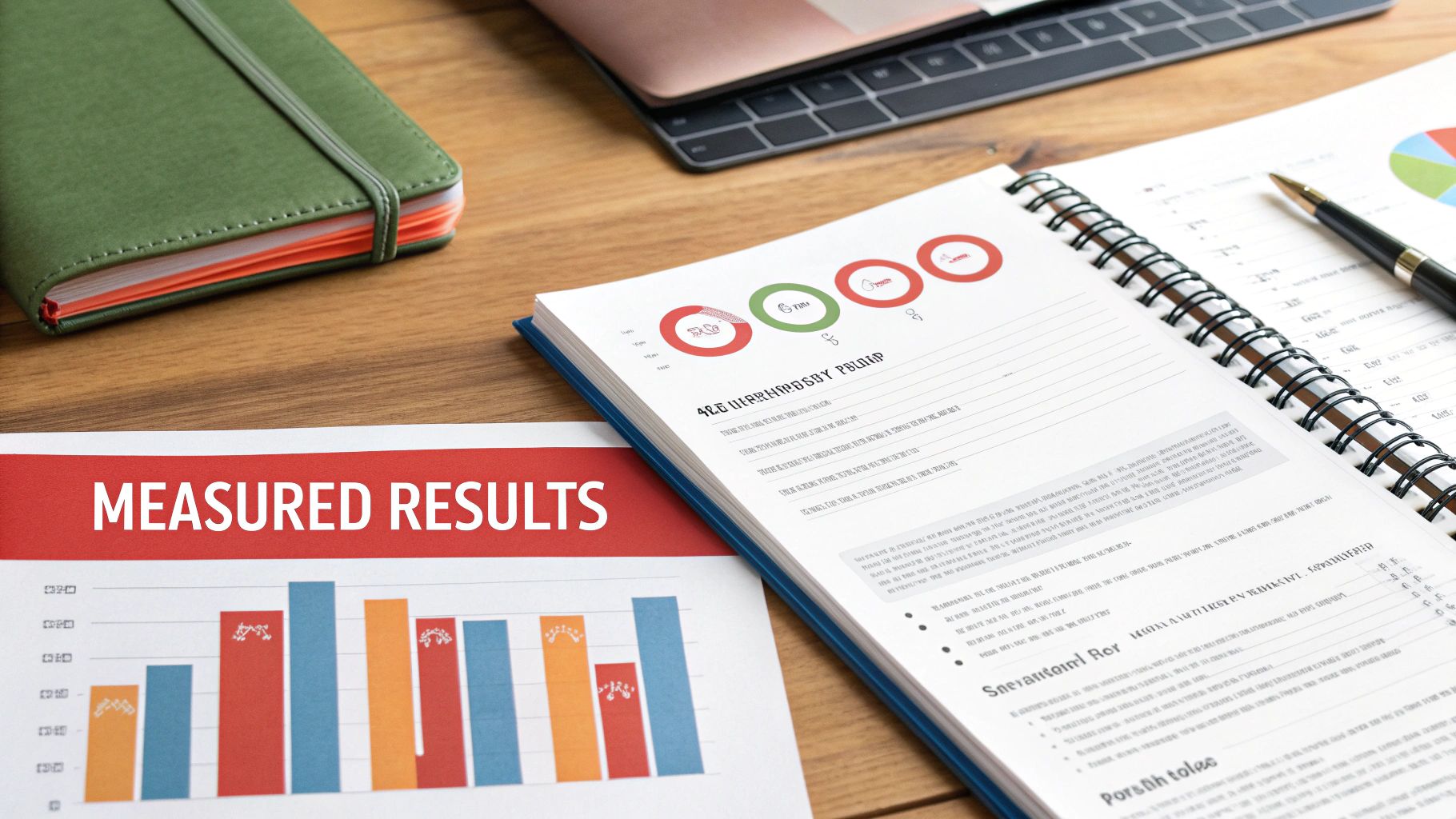 A desk with a green notebook, laptop, a 'MEASURED RESULTS' report with a bar chart, and an open business report.