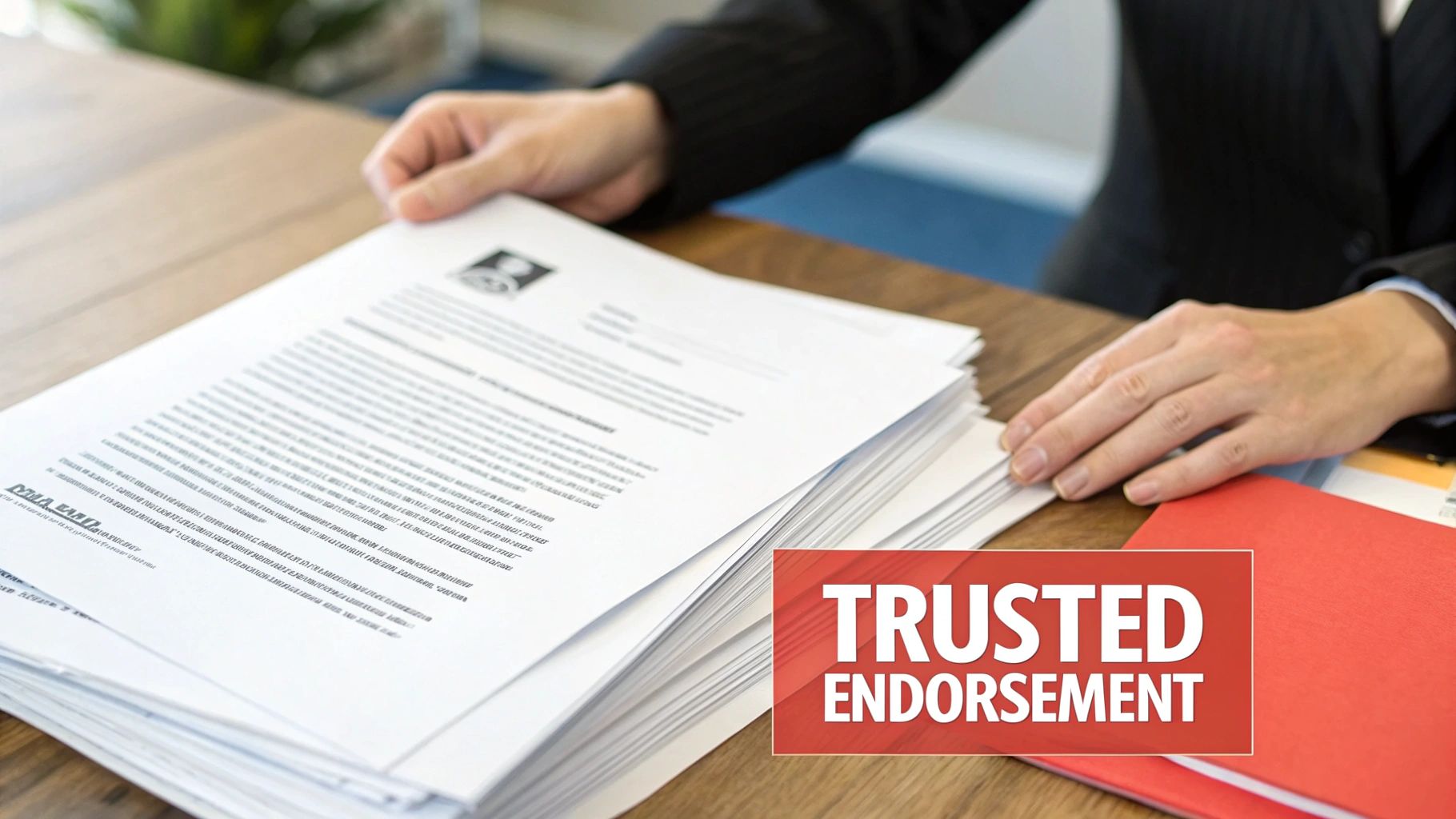 A person in a suit reviews a stack of documents on a desk with a 'Trusted Endorsement' overlay.