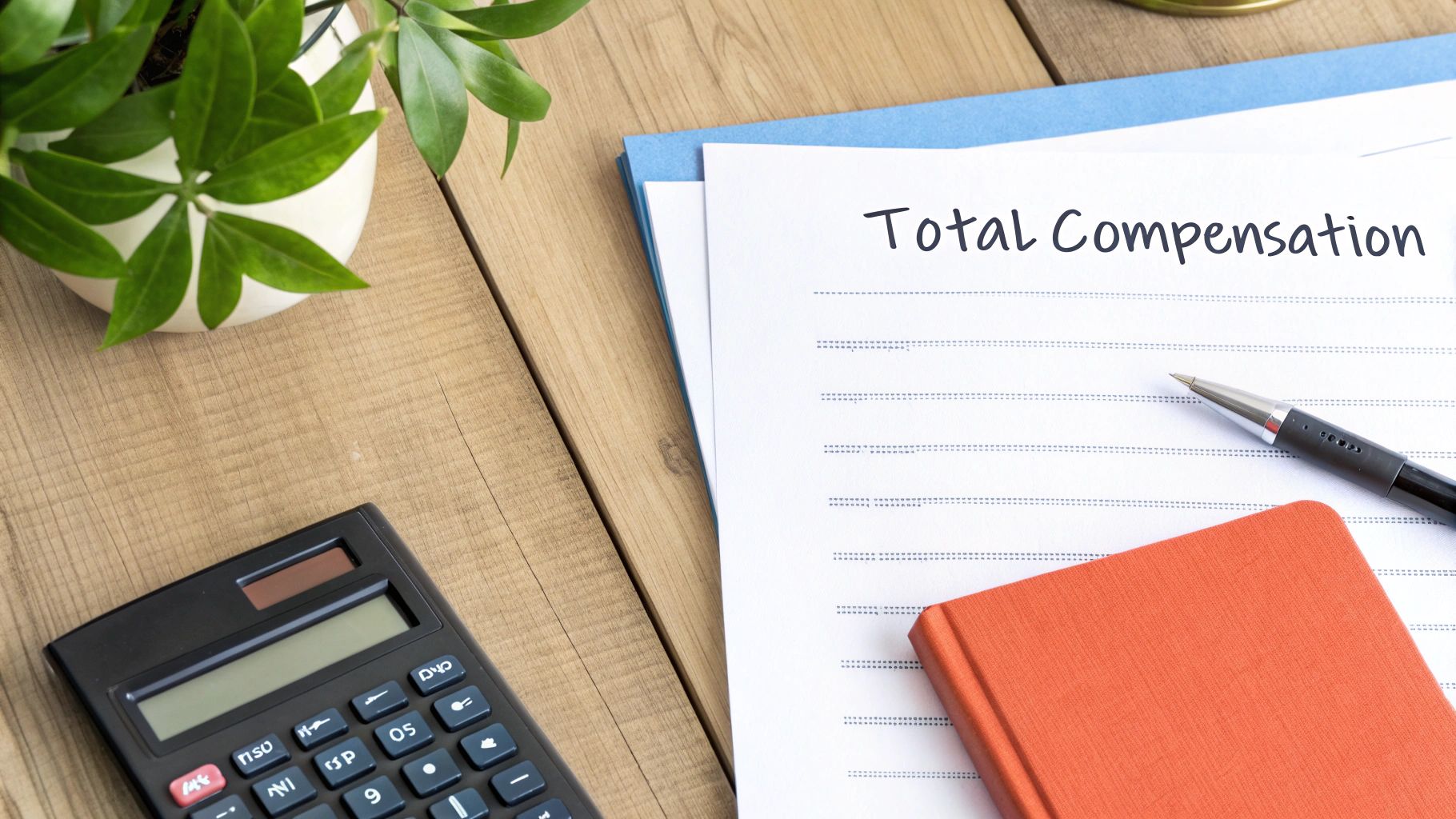 Desk with a document titled 'Total Compensation,' a calculator, pen, and a plant.