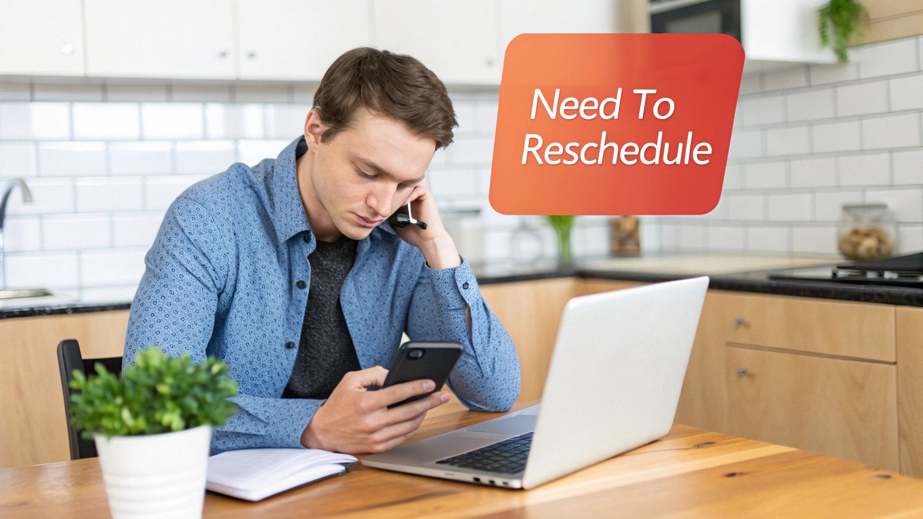 A man on a phone call, looking at his smartphone, with a laptop. 'Need To Reschedule' overlay.