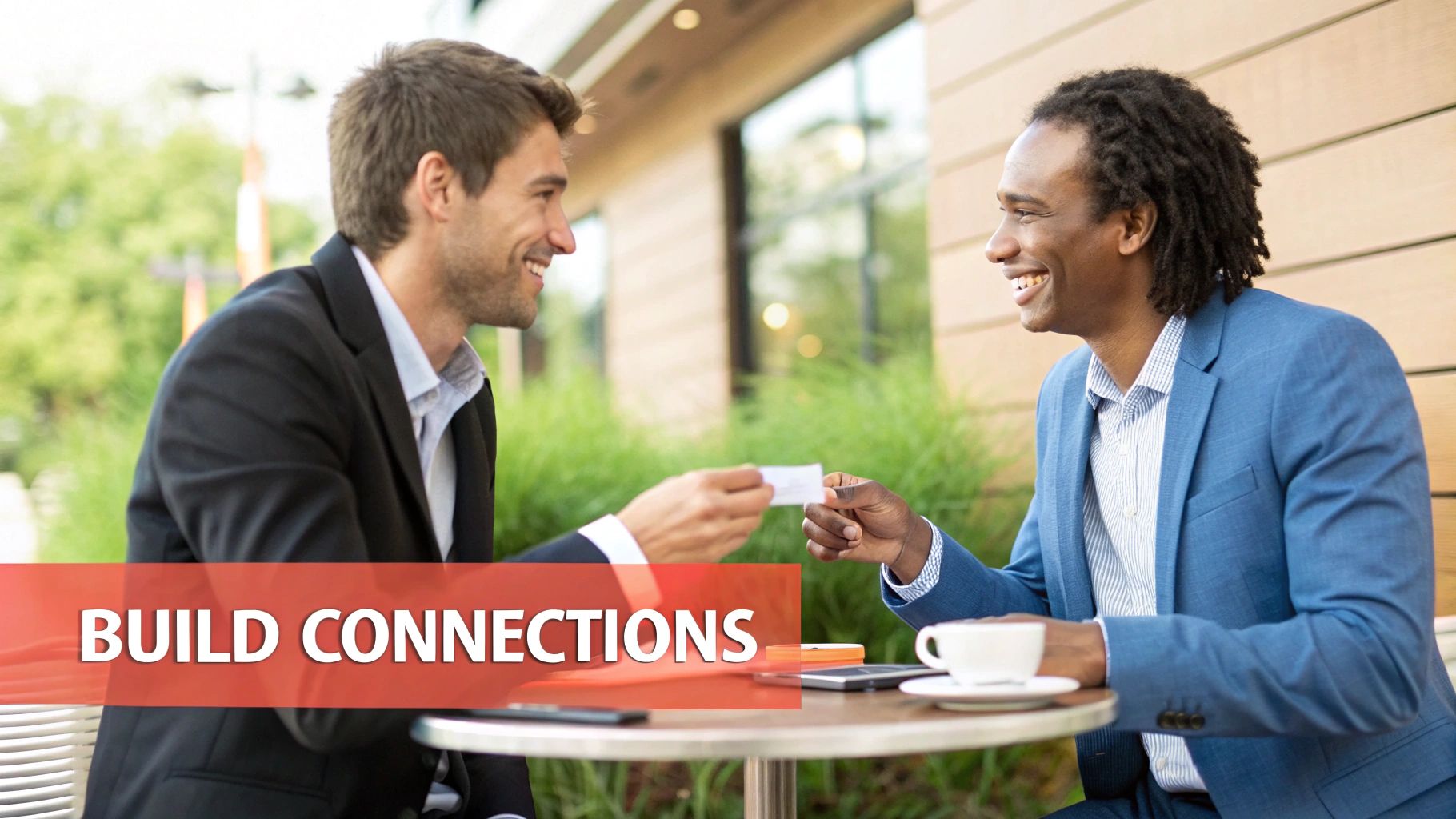 Two smiling men, one Black and one White, exchange a business card at an outdoor cafe table.