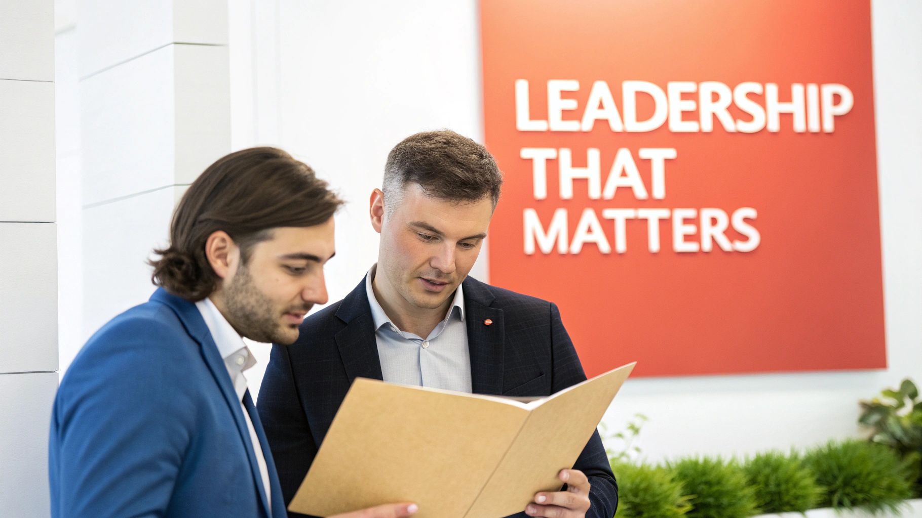 Two professional men reviewing documents in a modern office, a "Leadership That Matters" sign visible.