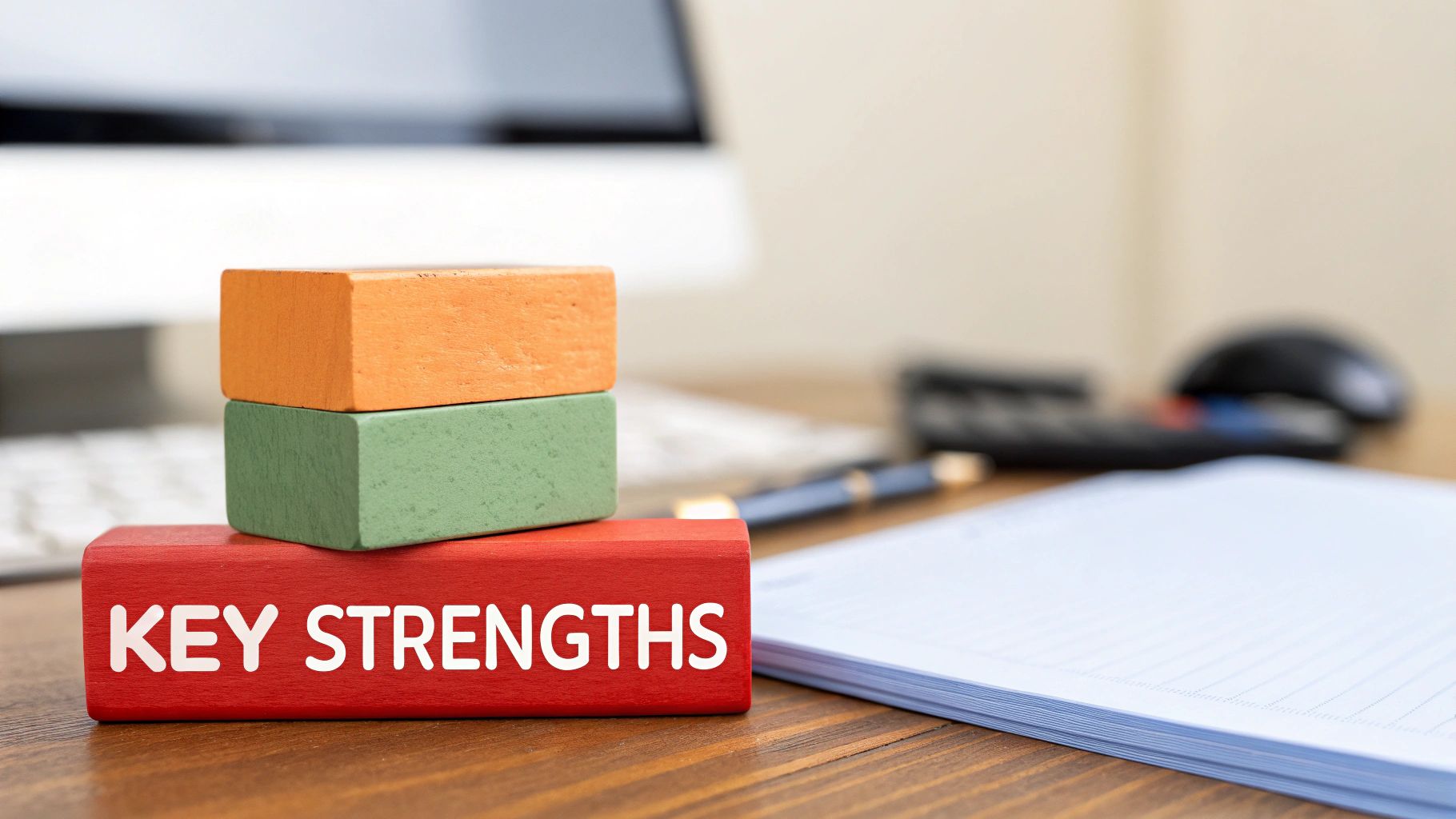 Stack of colorful wooden blocks on a desk, with 'KEY STRENGTHS' written on the red block.