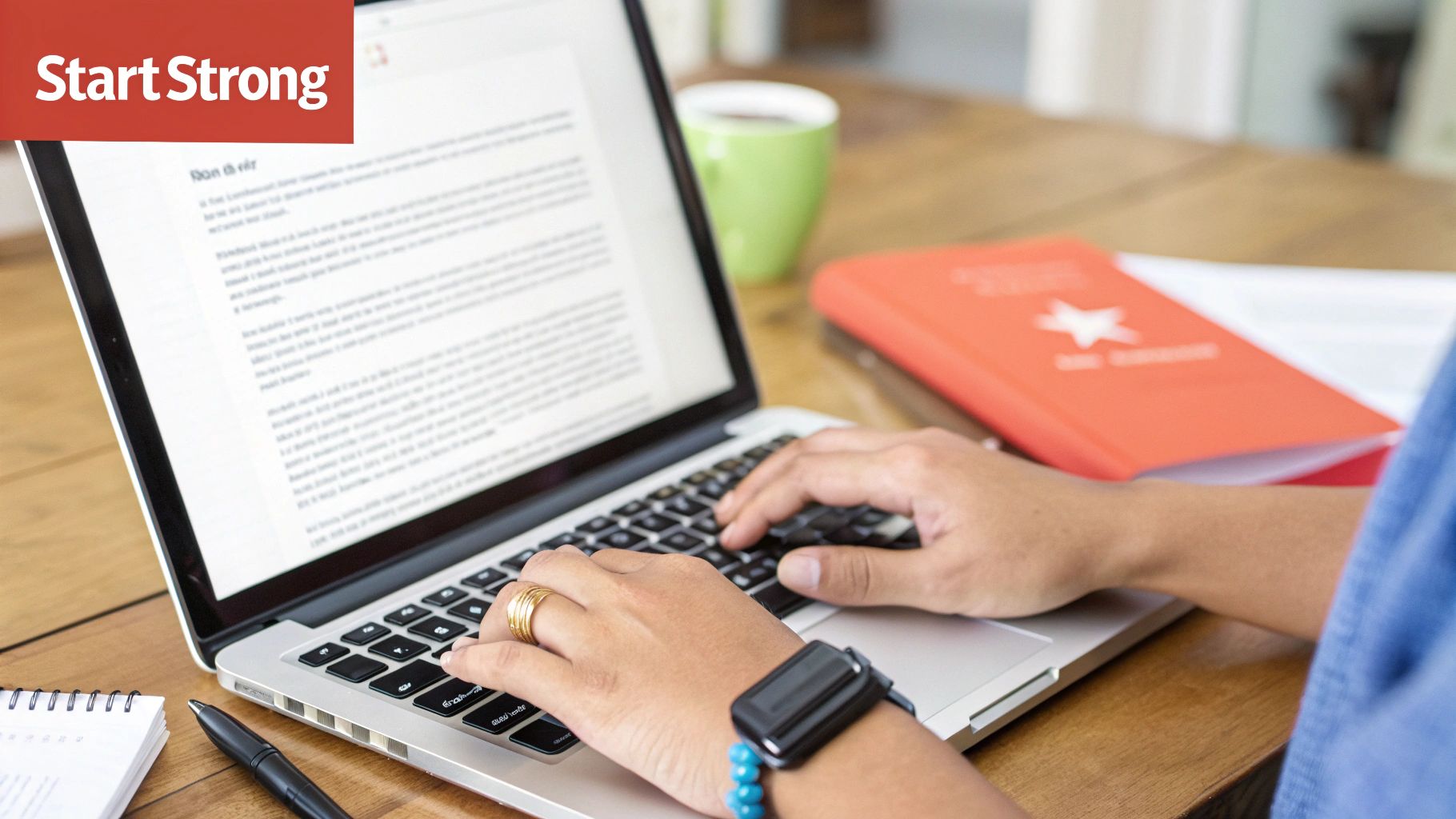 A person typing on a silver laptop at a wooden desk, surrounded by office supplies.