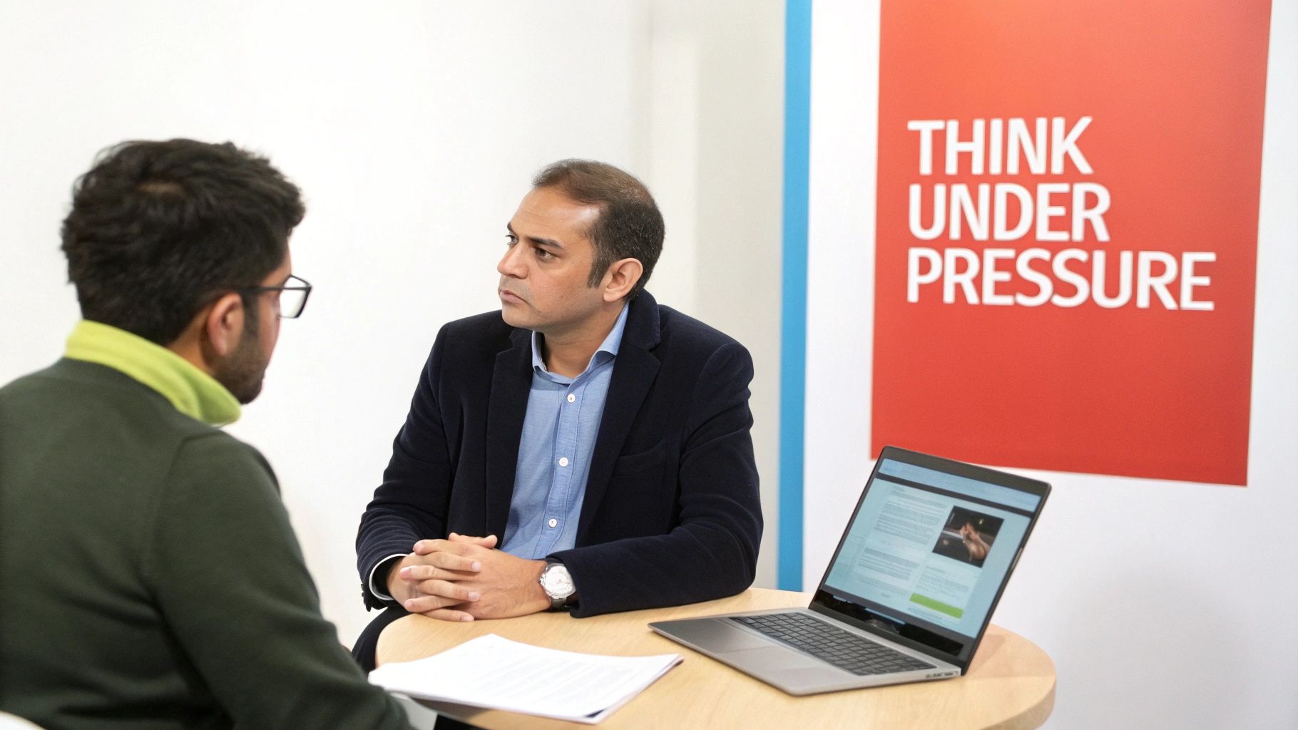 Two men in a professional setting, one being interviewed while the other listens, with a 'Think Under Pressure' sign.