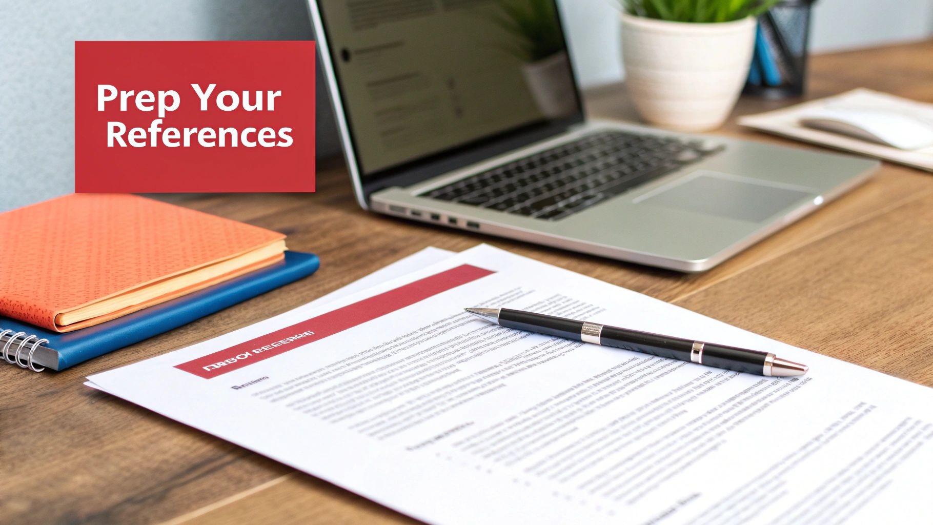 A professional desk setup with a laptop, notebooks, documents, and a pen, emphasizing 'Prep Your References'.